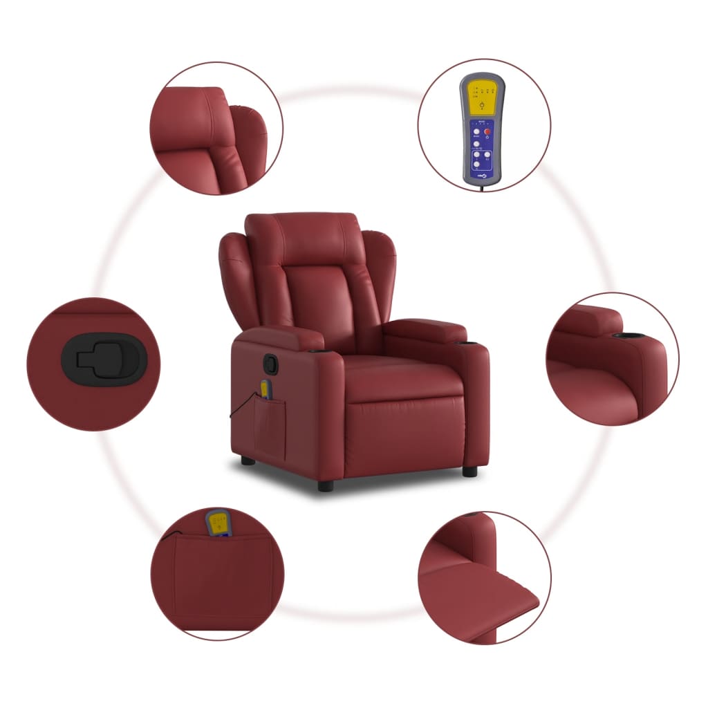 vidaXL Poltrona massagens reclinável couro artificial vermelho tinto