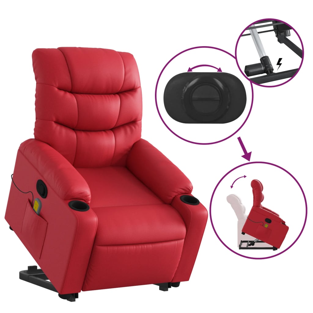 vidaXL Poltrona massagens reclinável elevatória couro artif. vermelho