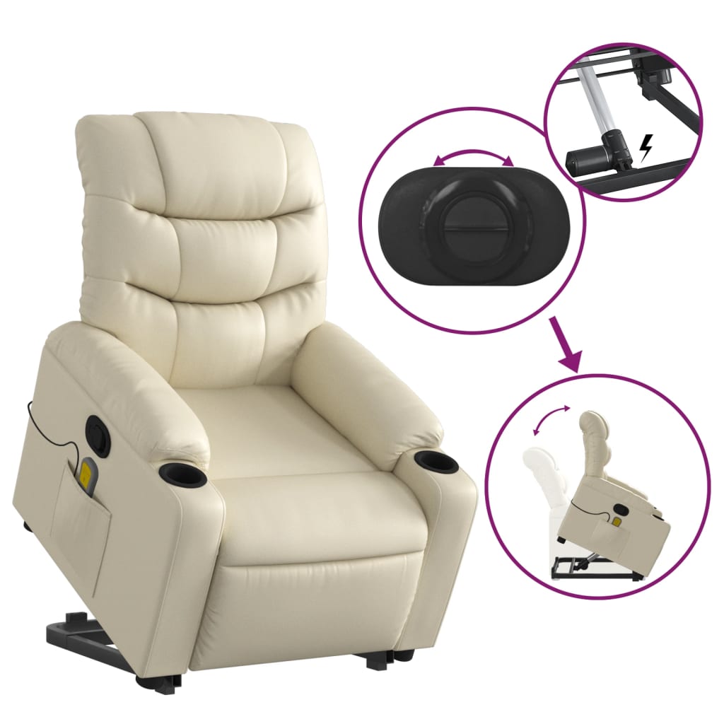 vidaXL Poltrona reclinável de massagens couro artificial cor creme