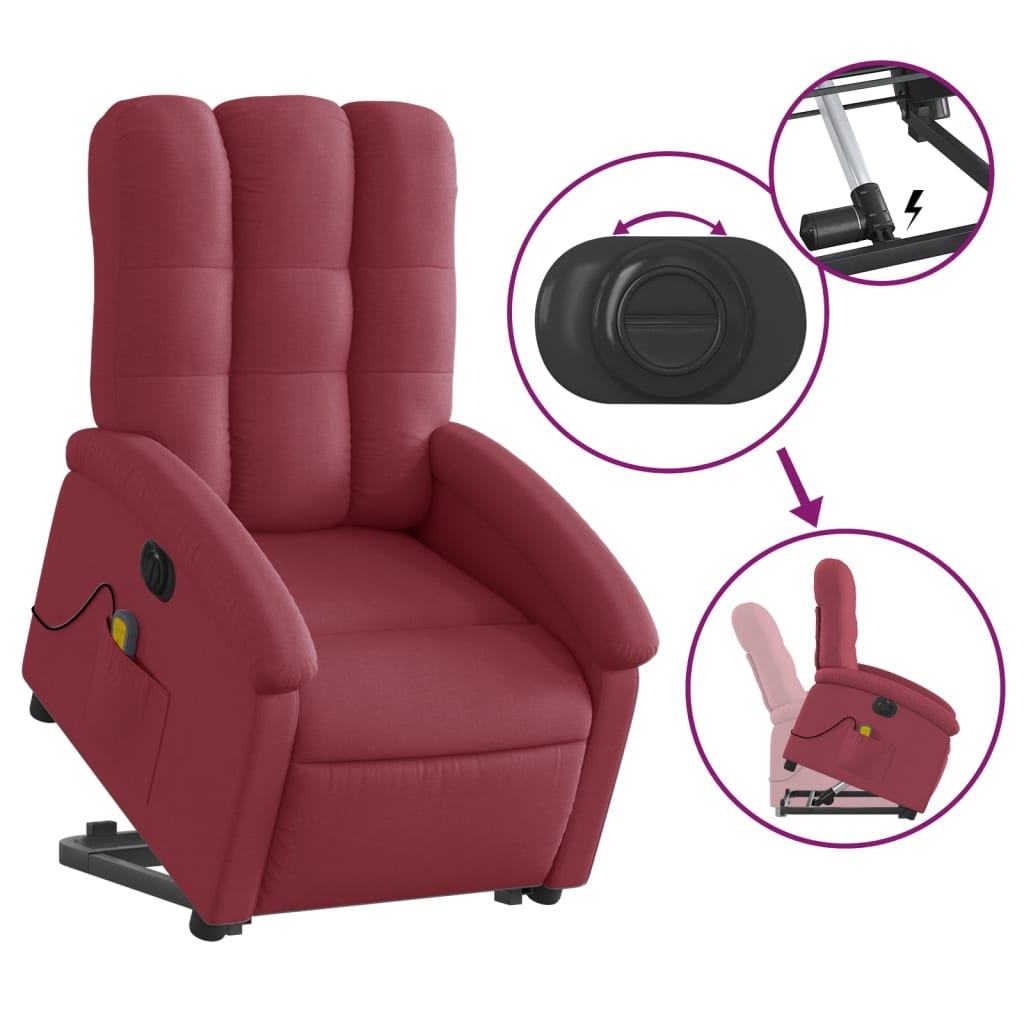 vidaXL Poltrona elevatória de massagens elétrica tecido vermelho tinto