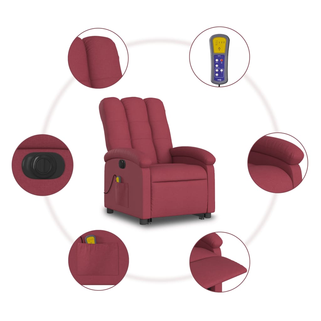 vidaXL Poltrona elevatória de massagens elétrica tecido vermelho tinto