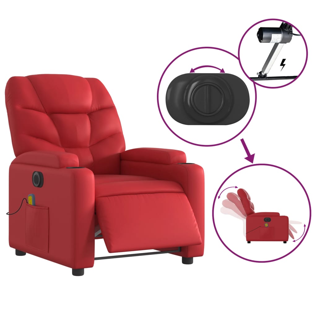 vidaXL Poltrona massagens reclinável elétrica couro artif. vermelho