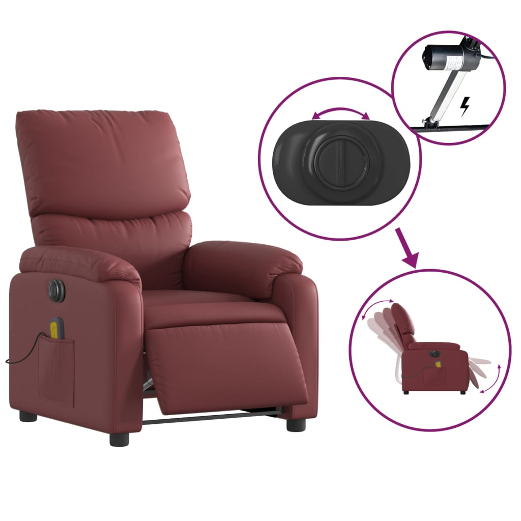 vidaXL Poltrona massagens reclin. elétrica couro artif. vermelho-tinto