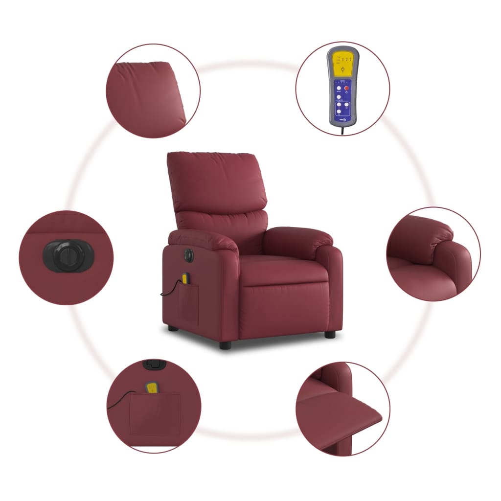 vidaXL Poltrona massagens reclin. elétrica couro artif. vermelho-tinto