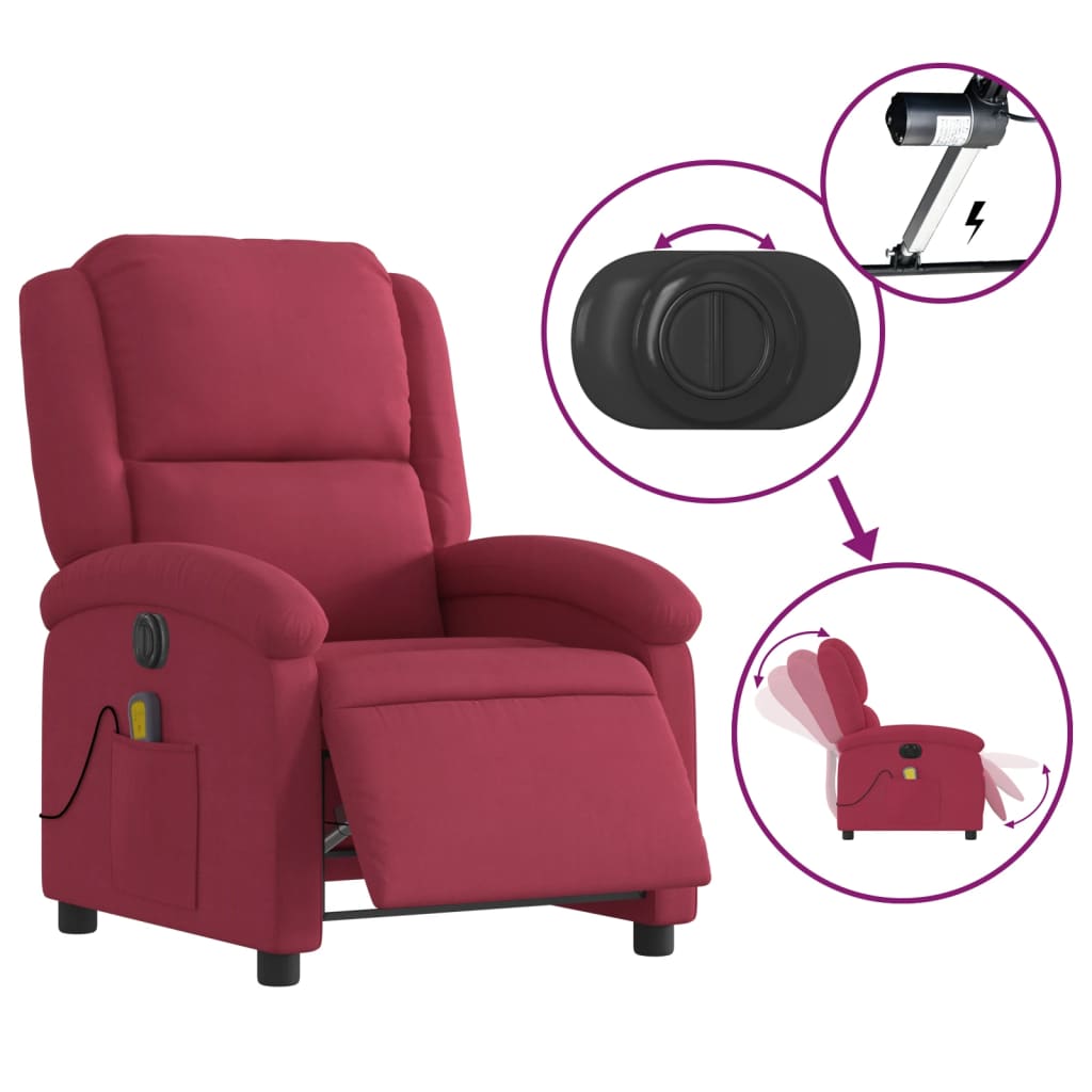 vidaXL Poltrona de massagens reclinável elétrica veludo vermelho tinto