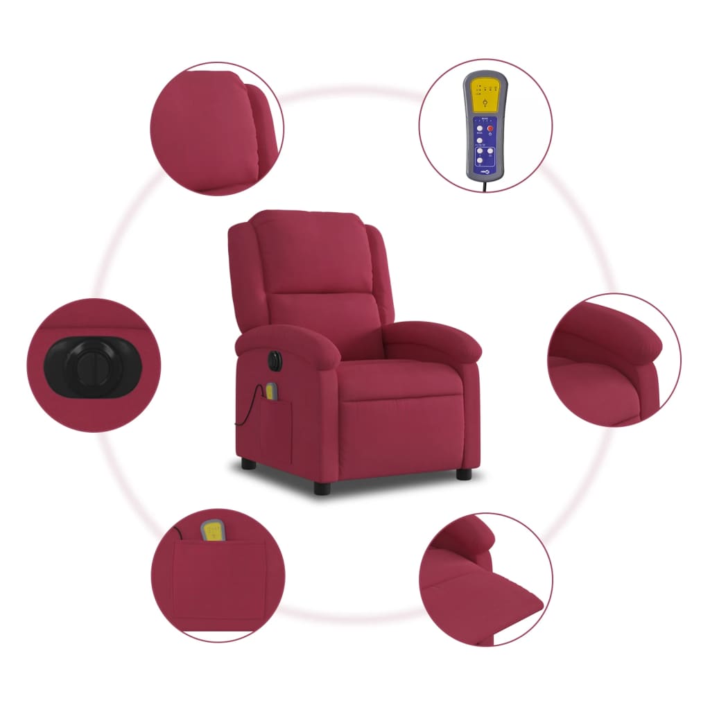 vidaXL Poltrona de massagens reclinável elétrica veludo vermelho tinto