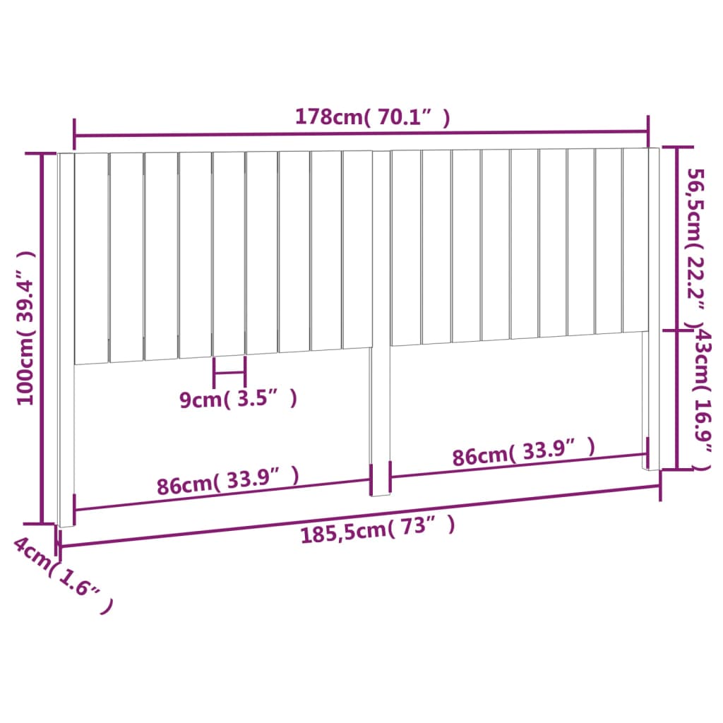 vidaXL Cabeceira de cama 185,5x4x100 cm madeira de pinho maciça branco