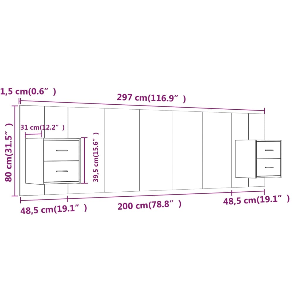 vidaXL Cabeceira cama + armários madeira processada branco