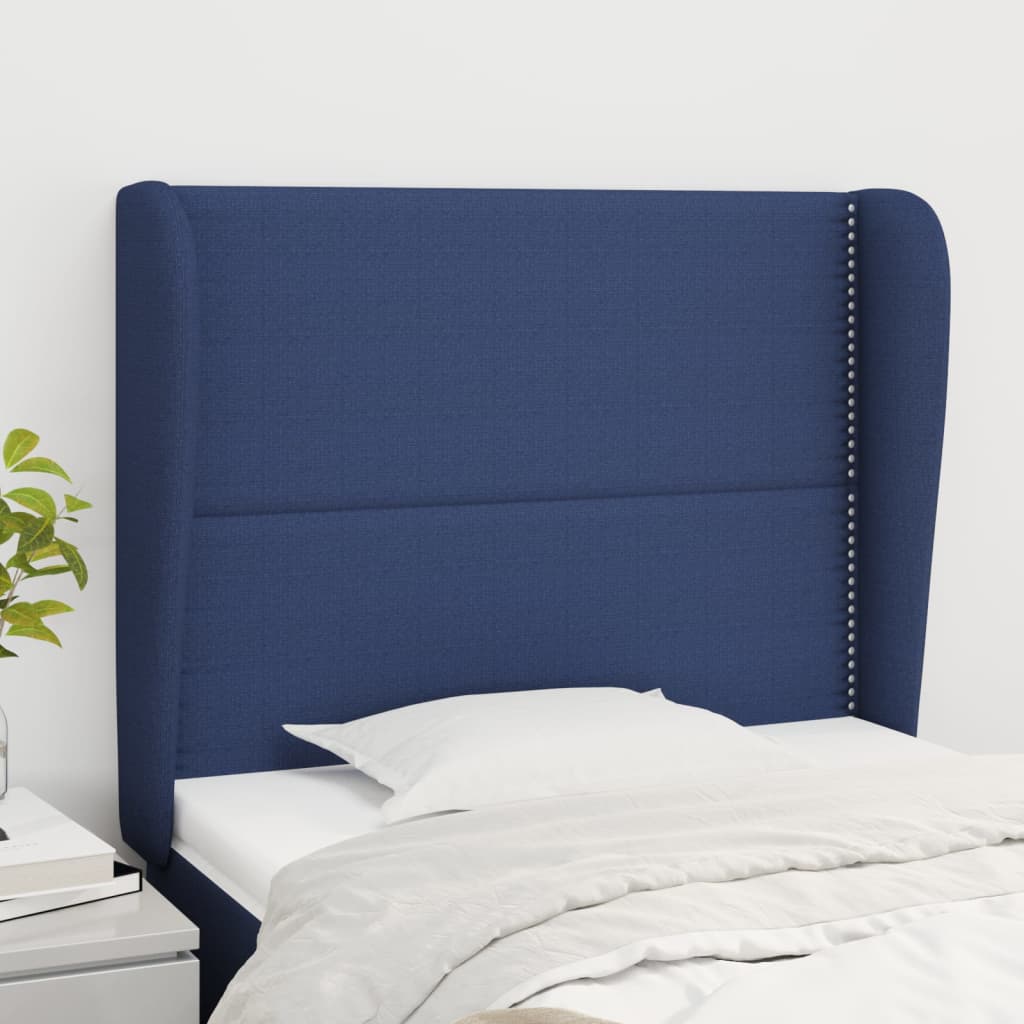 vidaXL Cabeceira de cama c/ abas tecido 93x23x118/128 cm azul