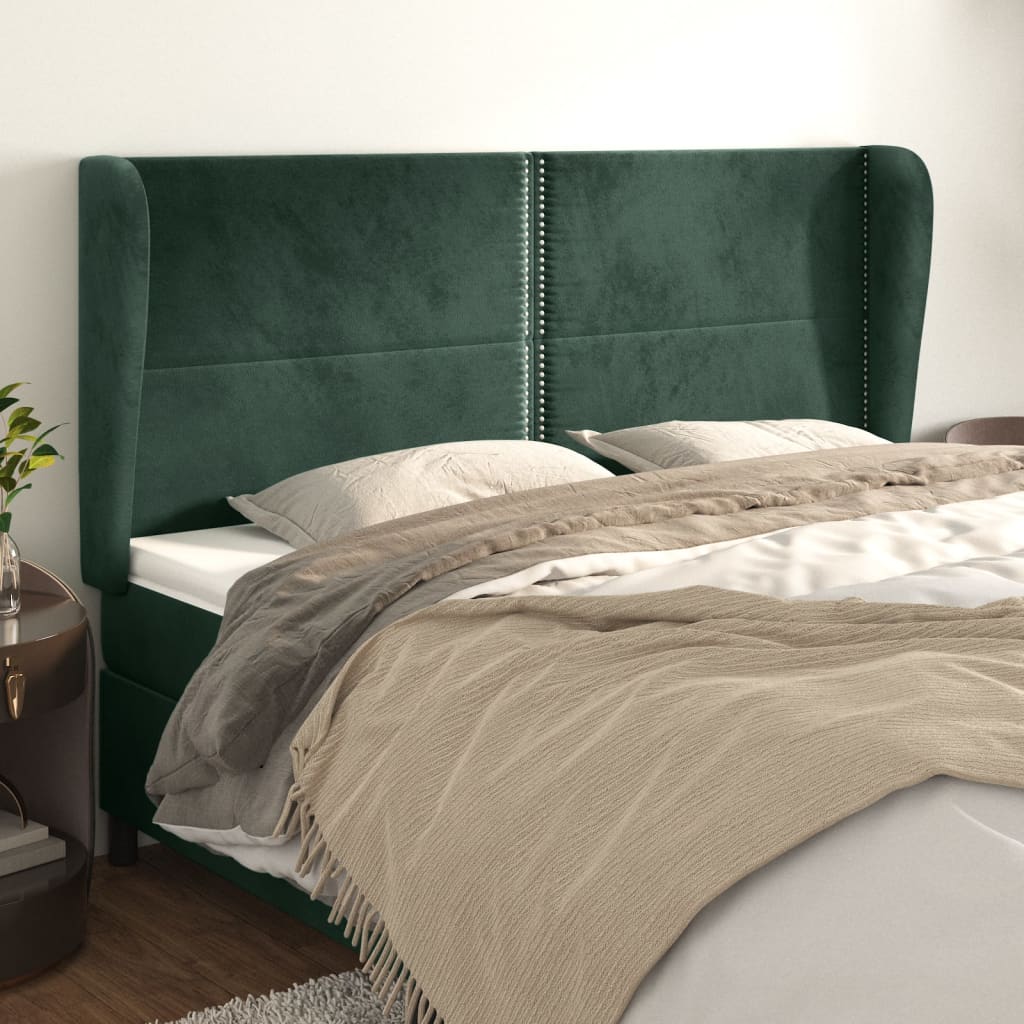 vidaXL Cabeceira cama c/ abas veludo 163x23x118/128 cm verde-escuro