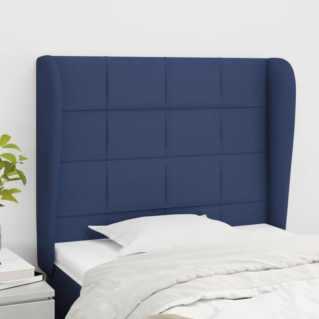 vidaXL Cabeceira de cama c/ abas tecido 83x23x118/128 cm azul