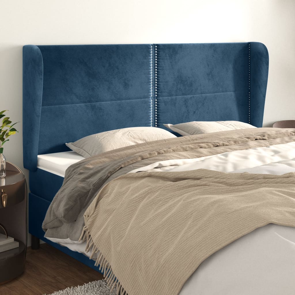 vidaXL Cabeceira cama c/ abas veludo 203x23x118/128 cm azul-escuro