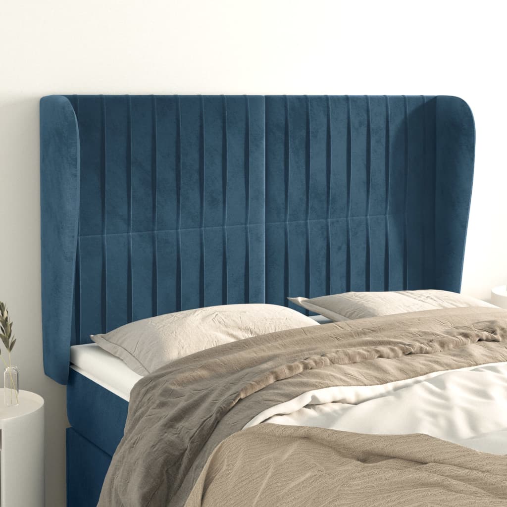 vidaXL Cabeceira cama c/ abas veludo 147x23x118/128 cm azul-escuro