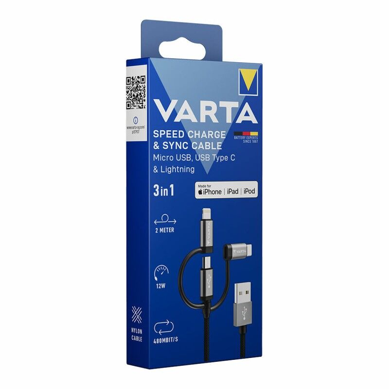 Varta|Cabo USB Varta 2 m Preto 3 em 1 USB-C Micro USB Lightning Varta|Cabo USB Varta 2 m Preto 3 em 1 USB-C Micro USB Lightning