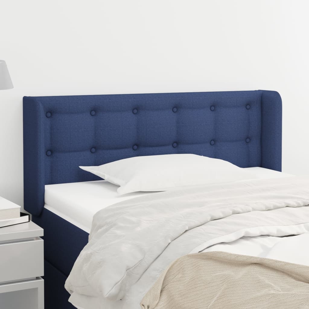 vidaXL Cabeceira de cama c/ abas tecido 93x16x78/88 cm azul