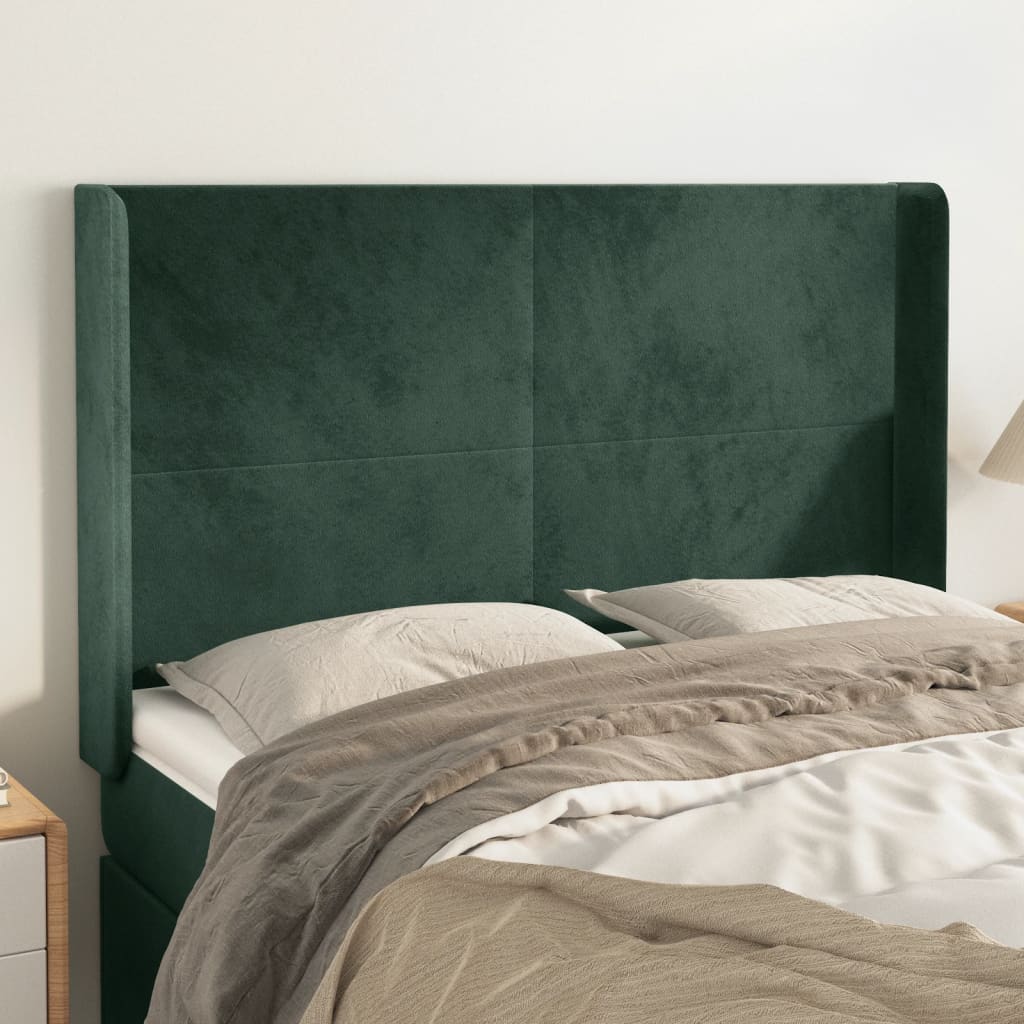 vidaXL Cabeceira cama c/ abas veludo 147x16x118/128 cm verde-escuro