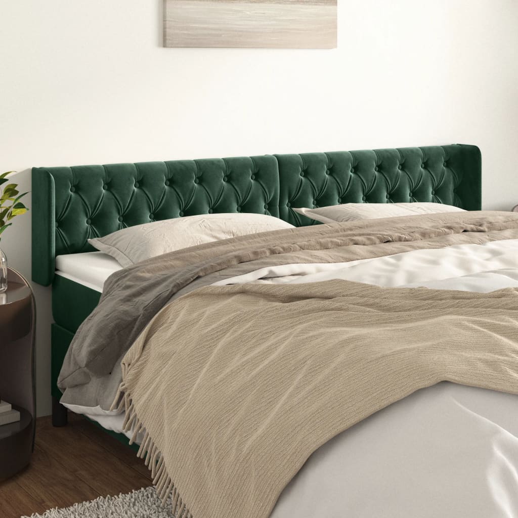 vidaXL Cabeceira de cama c/ abas veludo 203x16x78/88cm verde-escuro