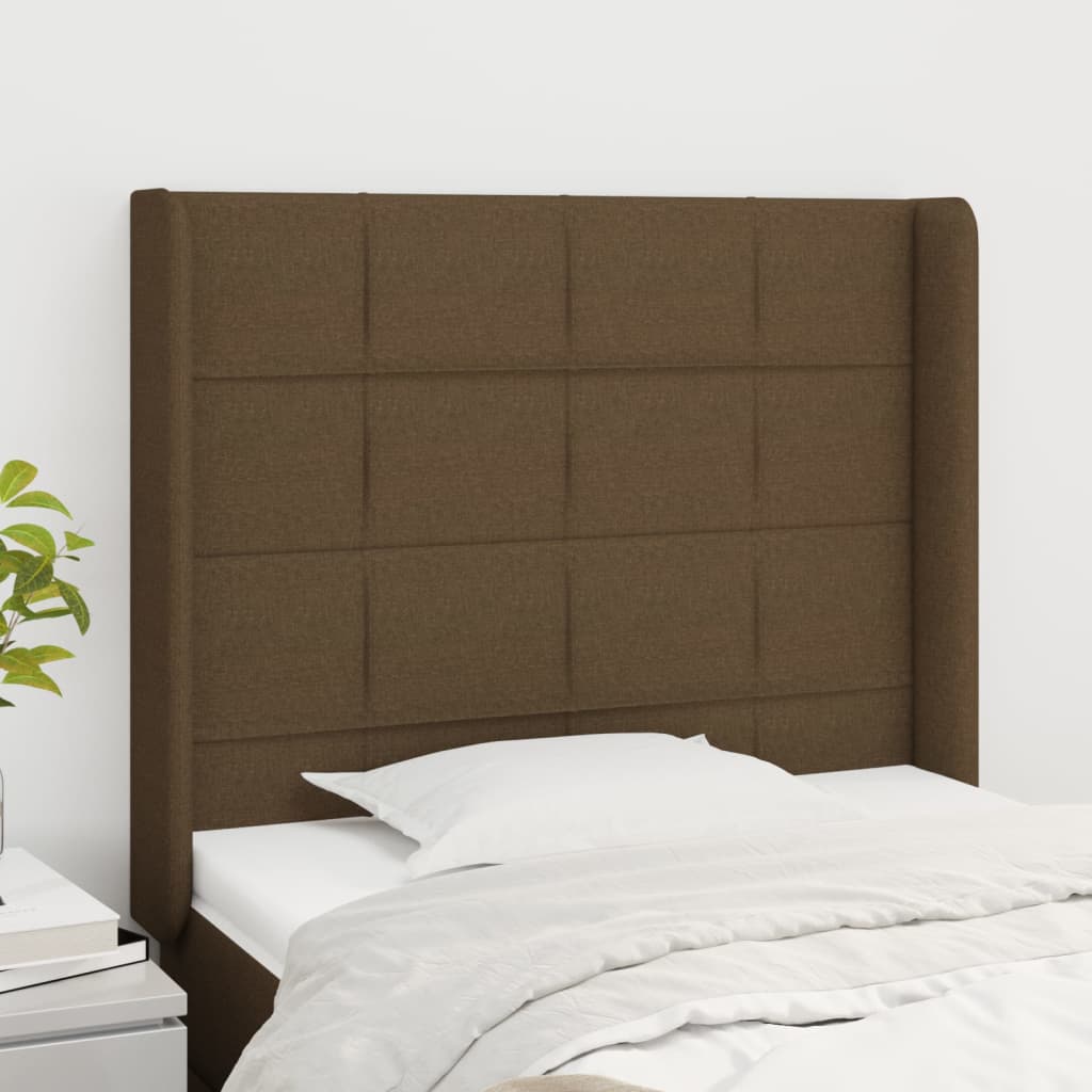 vidaXL Cabeceira cama c/ abas tecido 93x16x118/128 cm castanho-escuro