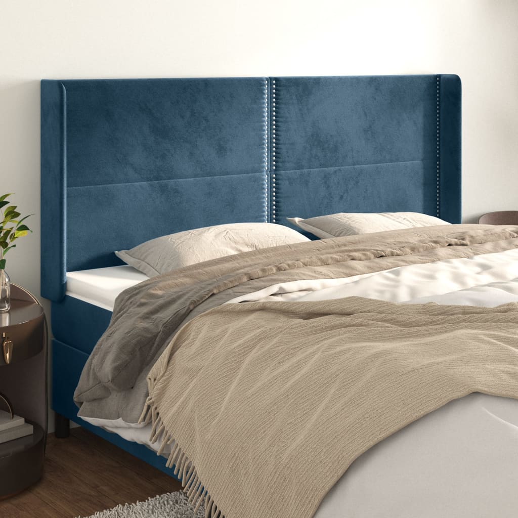 vidaXL Cabeceira cama c/ abas veludo 203x16x118/128 cm azul-escuro