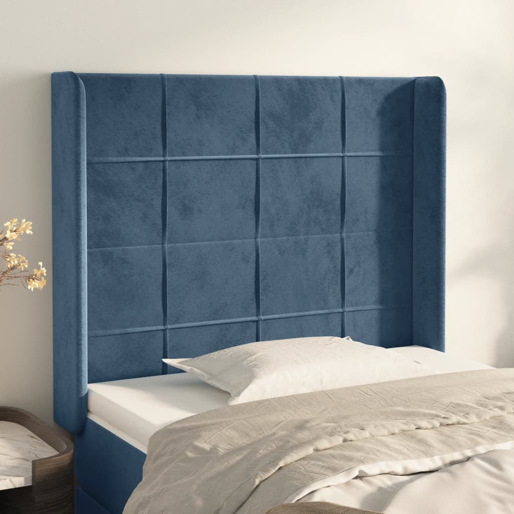 vidaXL Cabeceira cama c/ abas veludo 83x16x118/128 cm azul-escuro