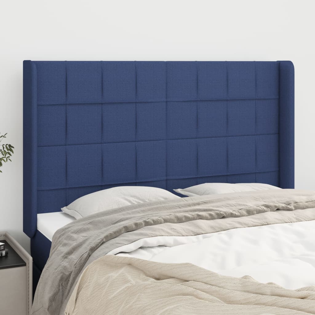 vidaXL Cabeceira de cama c/ abas tecido 147x16x118/128 cm azul