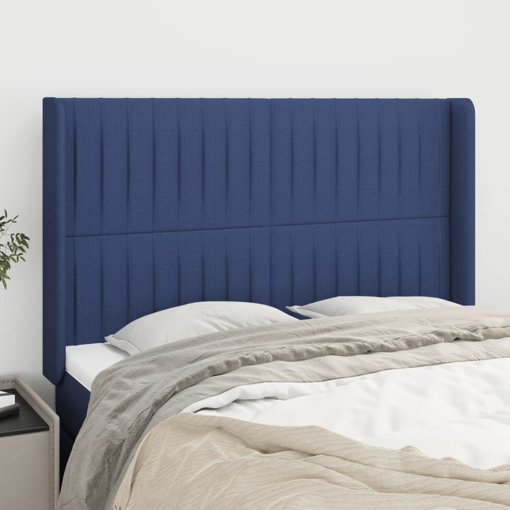 vidaXL Cabeceira de cama c/ abas tecido 147x16x118/128 cm azul