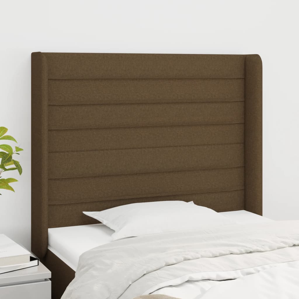 vidaXL Cabeceira cama c/ abas tecido 93x16x118/128 cm castanho-escuro