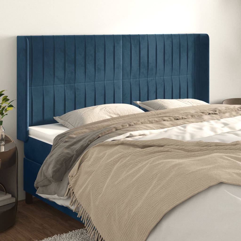 vidaXL Cabeceira cama c/ abas veludo 163x16x118/128 cm azul-escuro