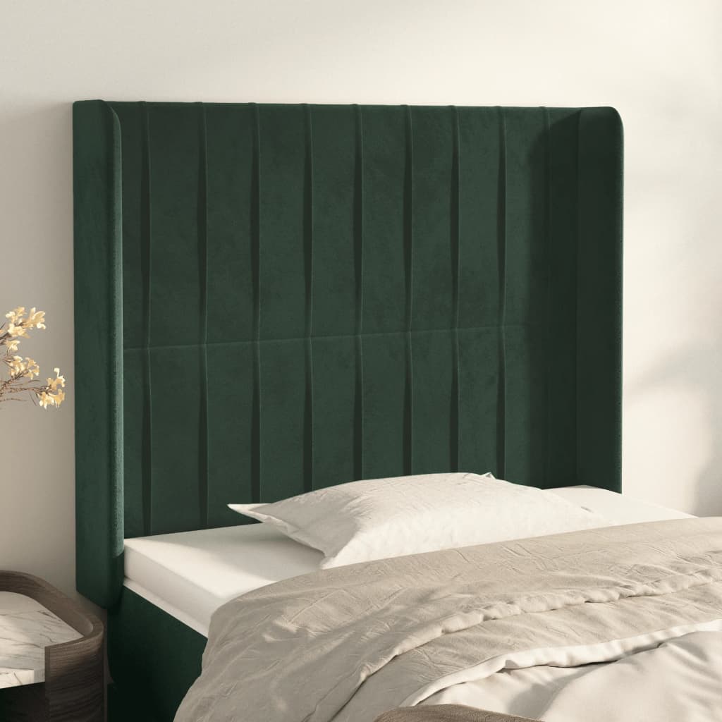 vidaXL Cabeceira cama c/ abas veludo 93x16x118/128 cm verde-escuro