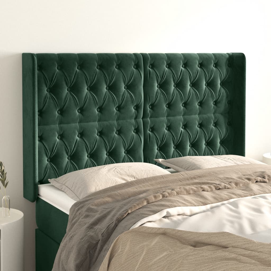 vidaXL Cabeceira cama c/ abas veludo 147x16x118/128 cm verde-escuro