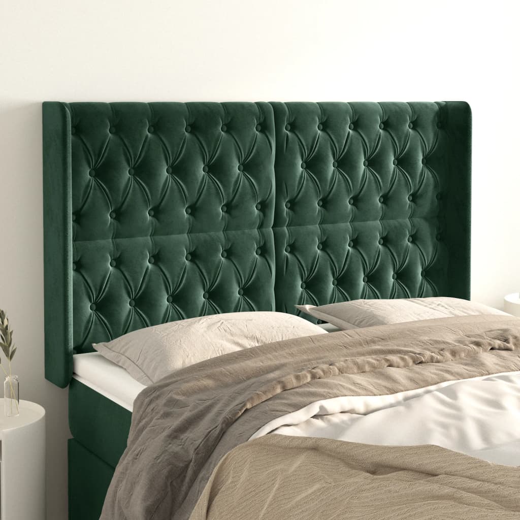 vidaXL Cabeceira cama c/ abas veludo 163x16x118/128 cm verde-escuro