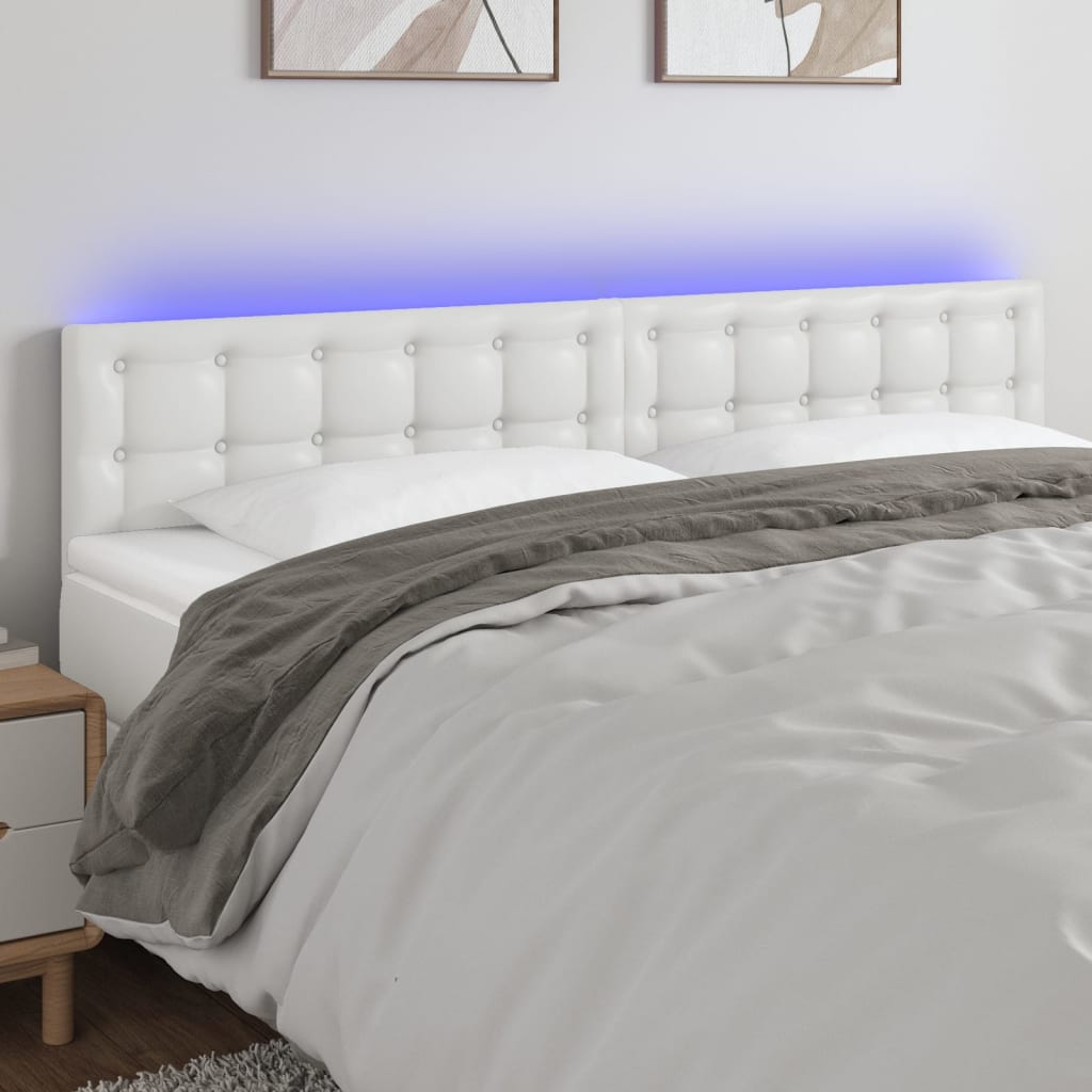 vidaXL Cabeceira de cama c/ LED couro artificial 200x5x78/88 cm branco