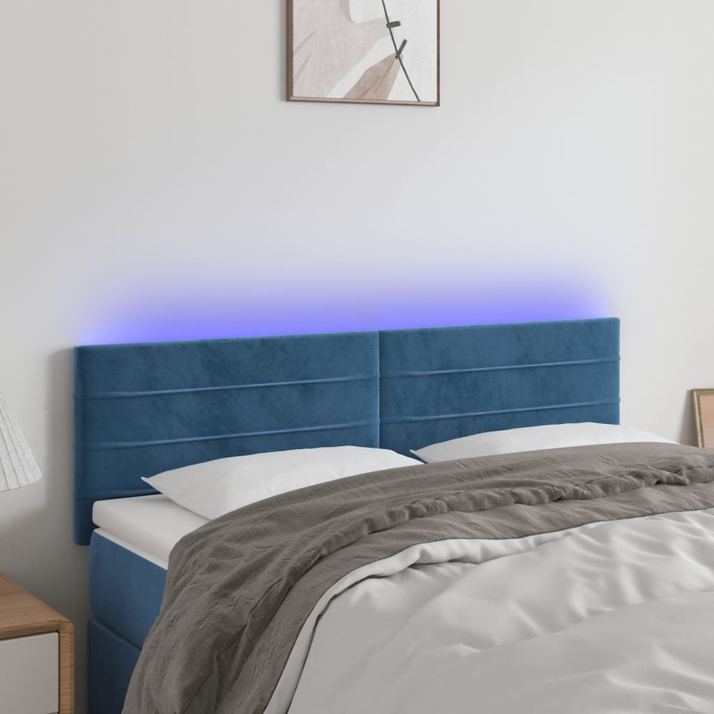 vidaXL Cabeceira de cama c/ luzes LED veludo 144x5x78/88cm azul-escuro