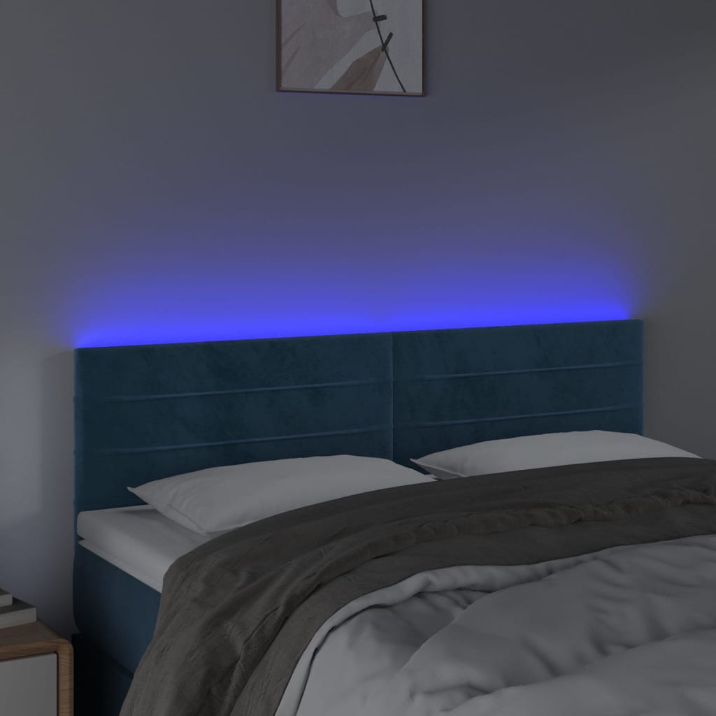 vidaXL Cabeceira de cama c/ luzes LED veludo 144x5x78/88cm azul-escuro