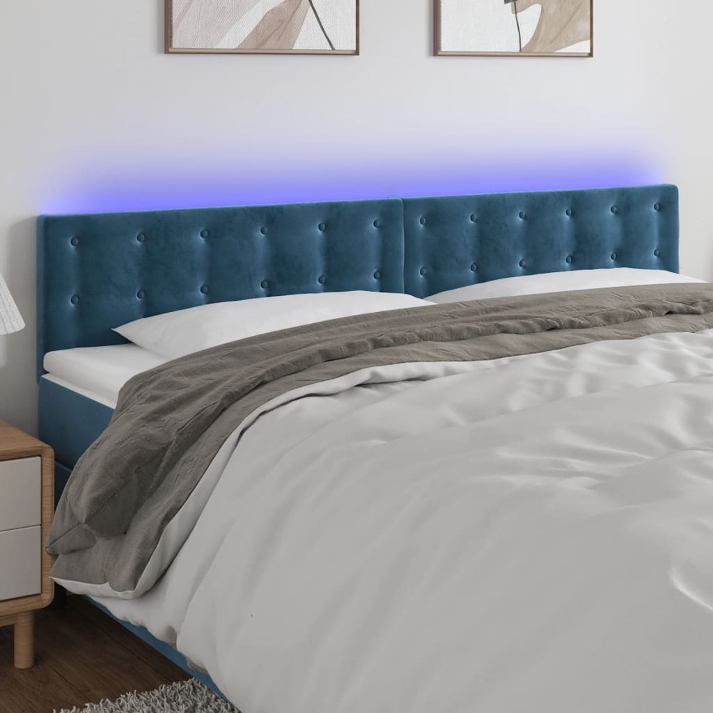 vidaXL Cabeceira de cama c/ luzes LED veludo 200x5x78/88cm azul-escuro