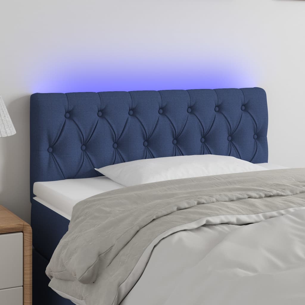 vidaXL Cabeceira de cama c/ luzes LED tecido 90x7x78/88 cm azul