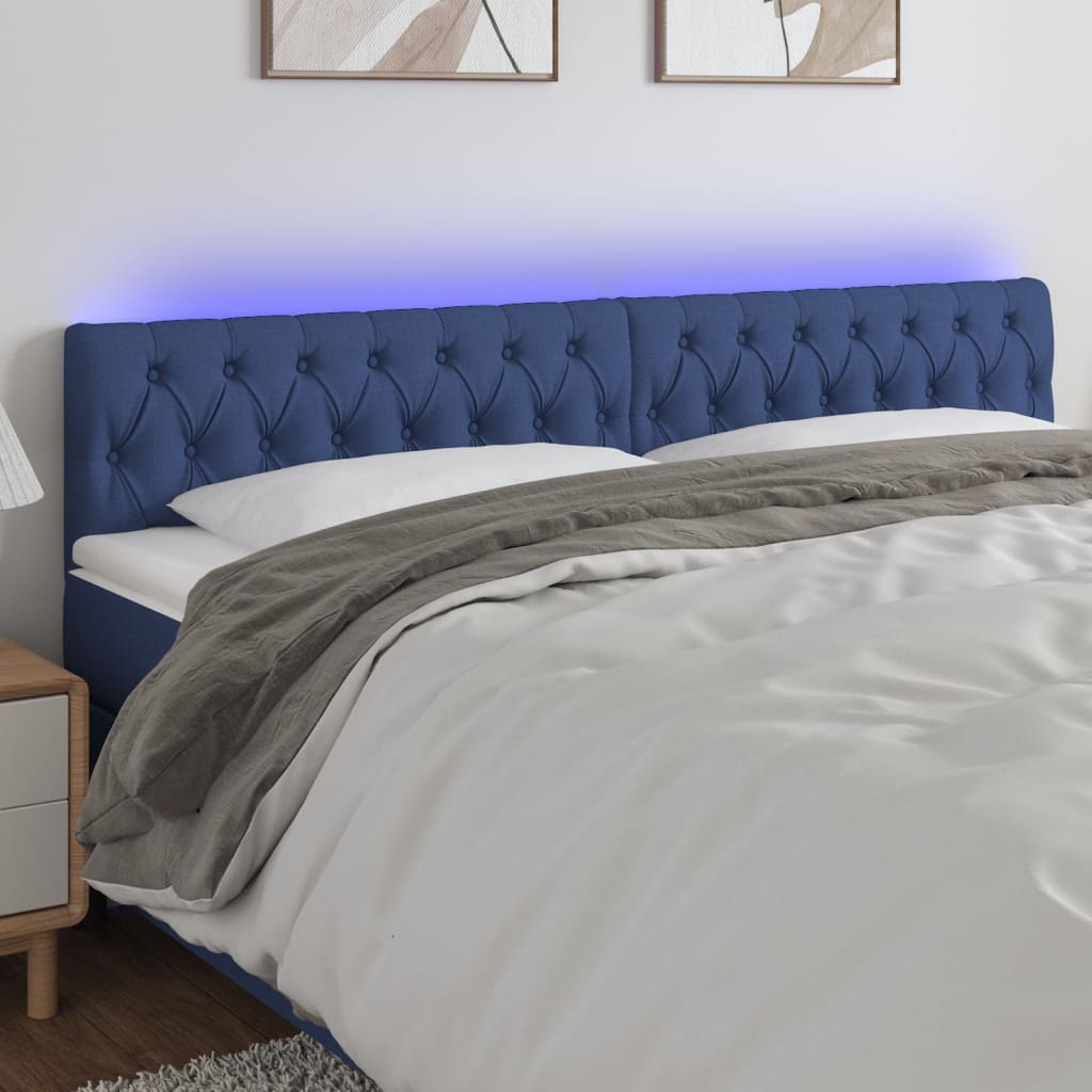 vidaXL Cabeceira de cama c/ luzes LED tecido 200x7x78/88 cm azul