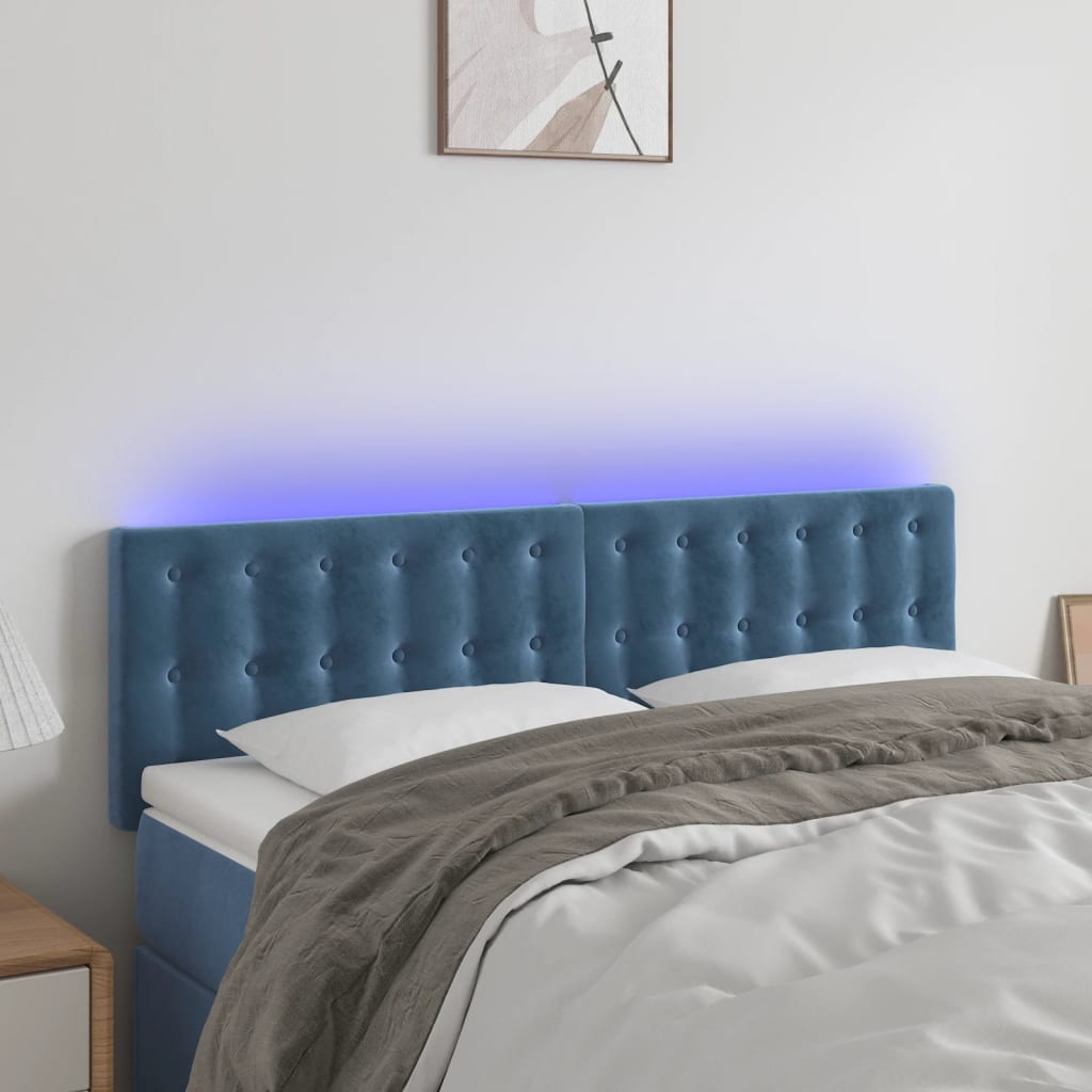 vidaXL Cabeceira de cama c/ luzes LED veludo 144x5x78/88cm azul-escuro