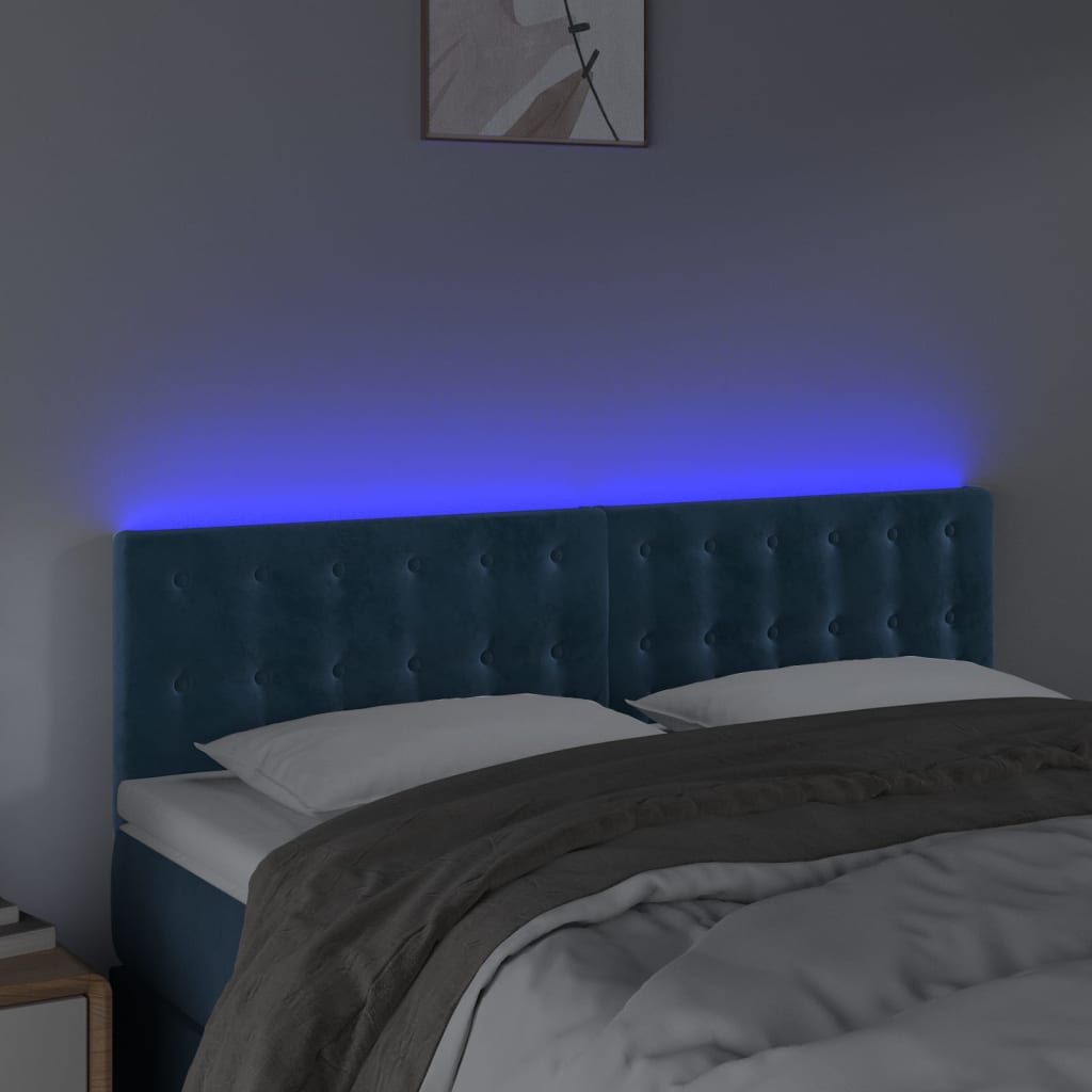 vidaXL Cabeceira de cama c/ luzes LED veludo 144x5x78/88cm azul-escuro