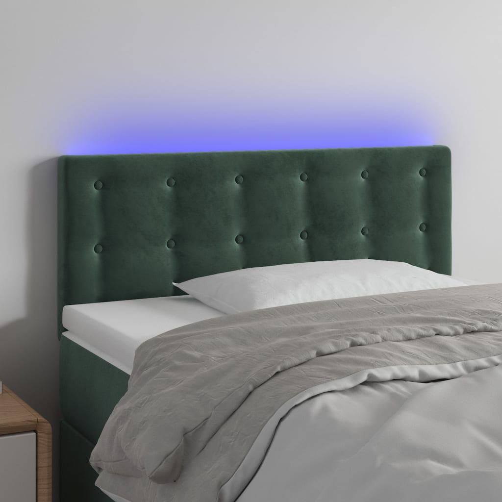 vidaXL Cabeceira de cama c/ luzes LED veludo 90x5x78/88cm verde-escuro