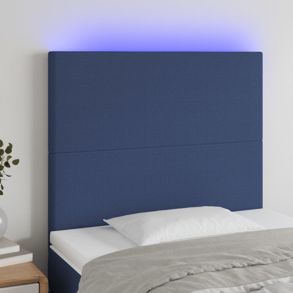 vidaXL Cabeceira cama c/ LED tecido 100x5x118/128 cm azul