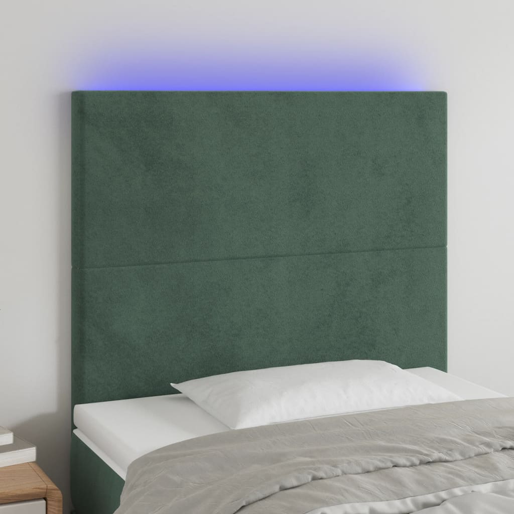 vidaXL Cabeceira de cama c/ LED veludo 100x5x118/128 cm verde-escuro