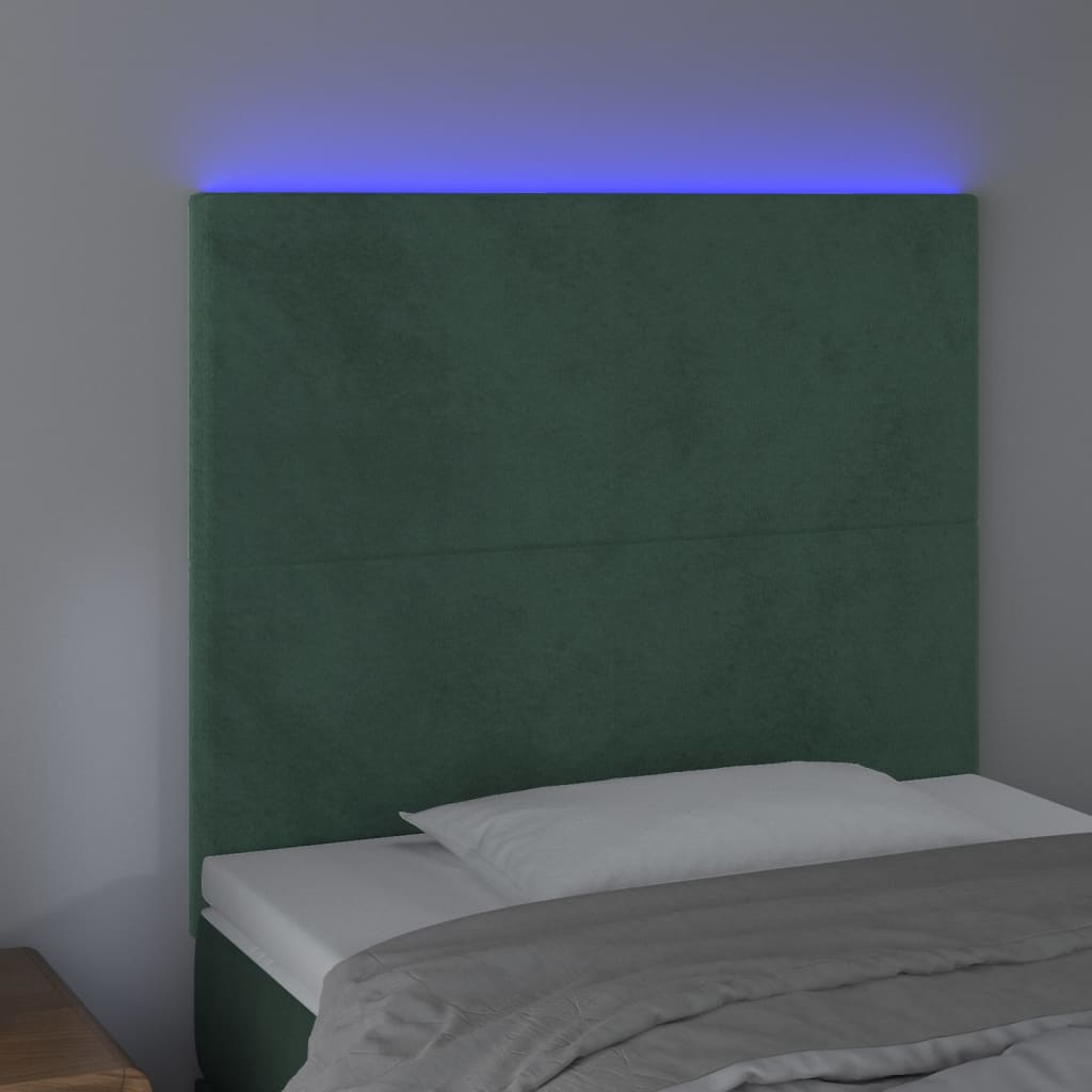 vidaXL Cabeceira de cama c/ LED veludo 100x5x118/128 cm verde-escuro