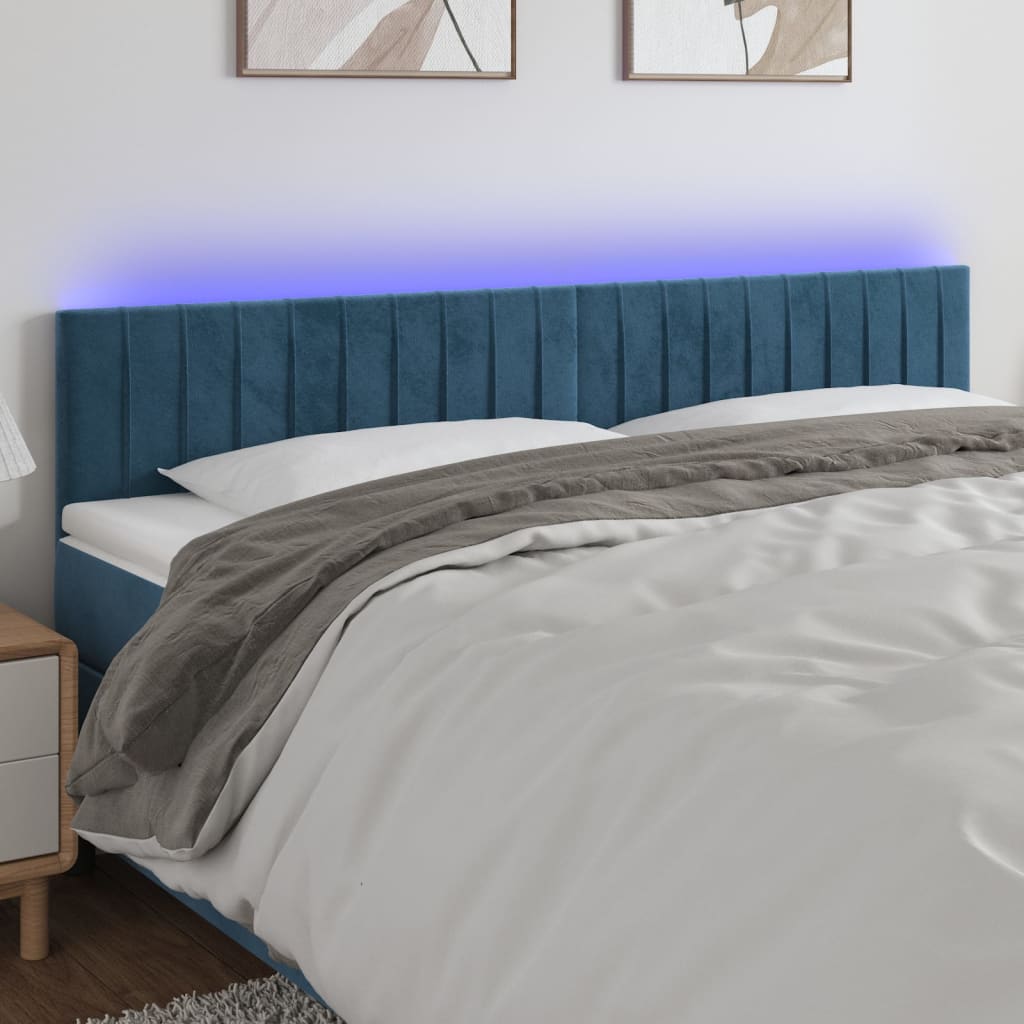 vidaXL Cabeceira de cama c/ luzes LED veludo 200x5x78/88cm azul-escuro