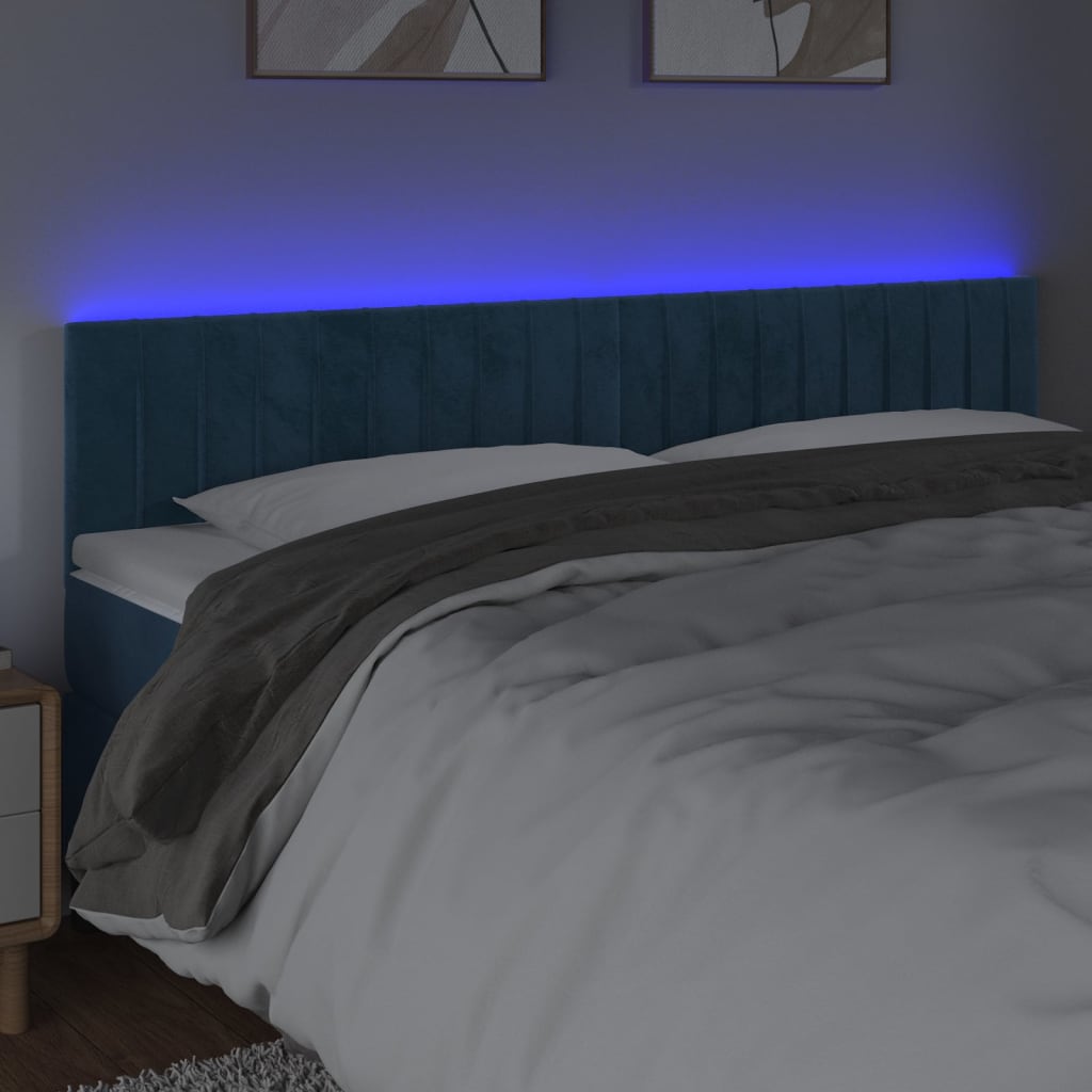 vidaXL Cabeceira de cama c/ luzes LED veludo 200x5x78/88cm azul-escuro