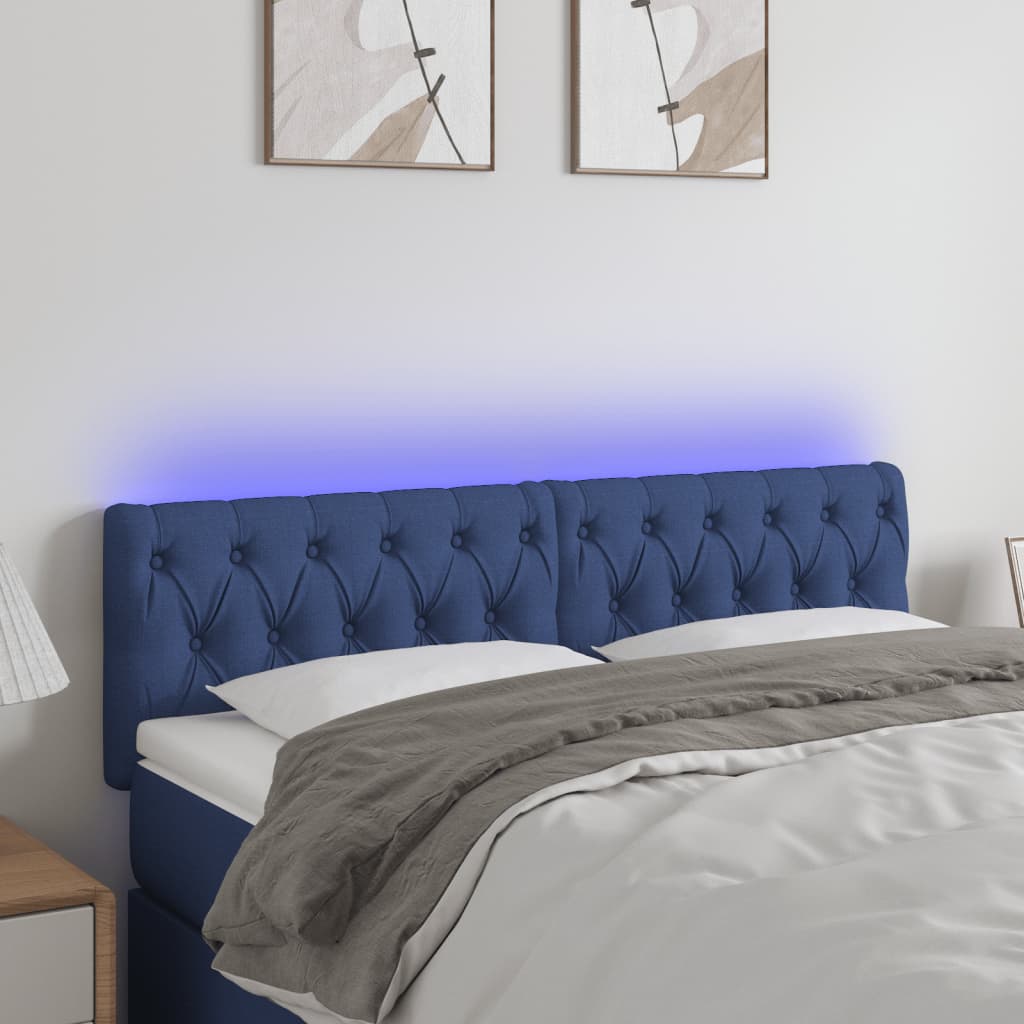 vidaXL Cabeceira de cama c/ luzes LED tecido 160x7x78/88 cm azul