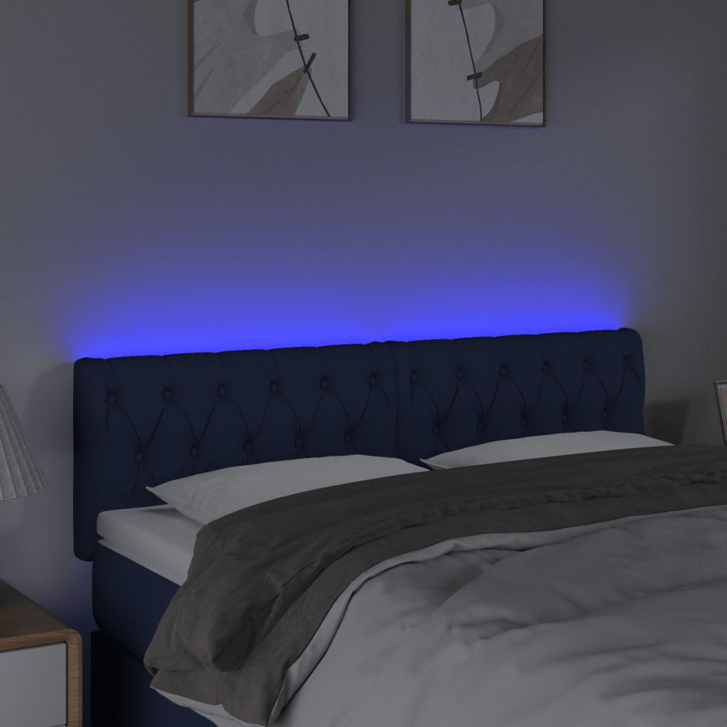 vidaXL Cabeceira de cama c/ luzes LED tecido 160x7x78/88 cm azul