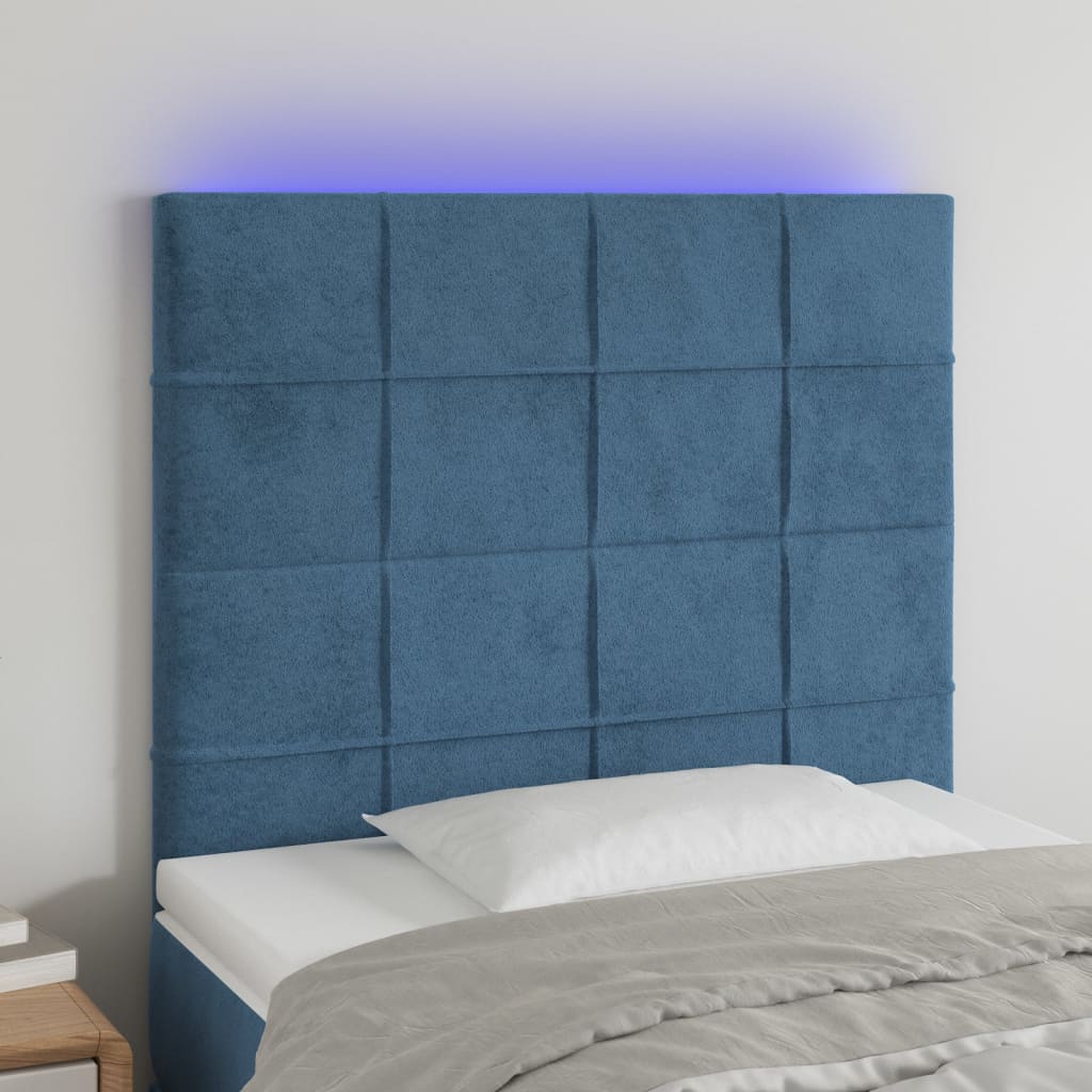 vidaXL Cabeceira cama c/ luzes LED veludo 90x5x118/128cm azul-escuro