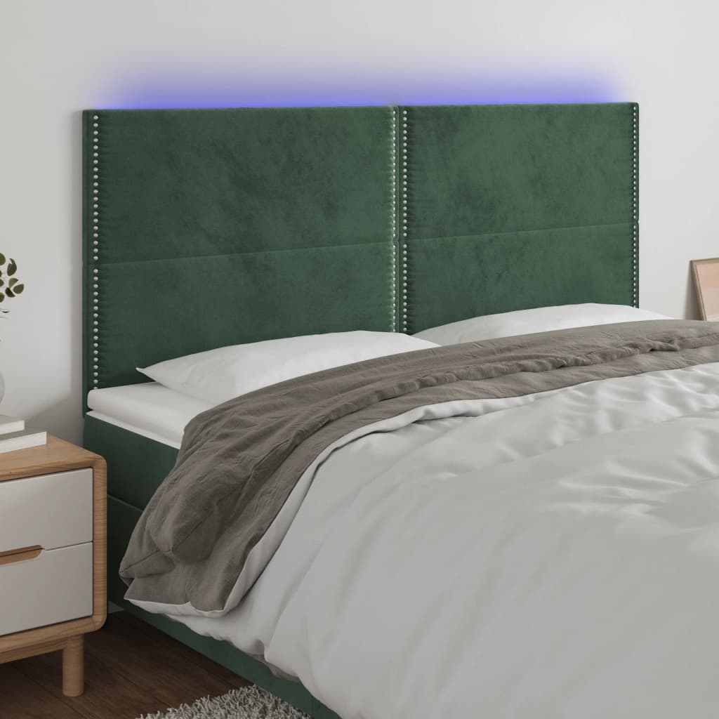 vidaXL Cabeceira de cama c/ LED veludo 160x5x118/128 cm verde-escuro