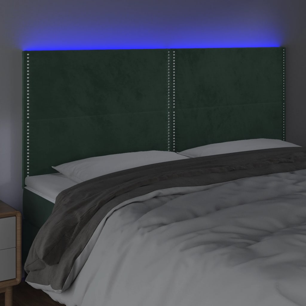 vidaXL Cabeceira de cama c/ LED veludo 160x5x118/128 cm verde-escuro